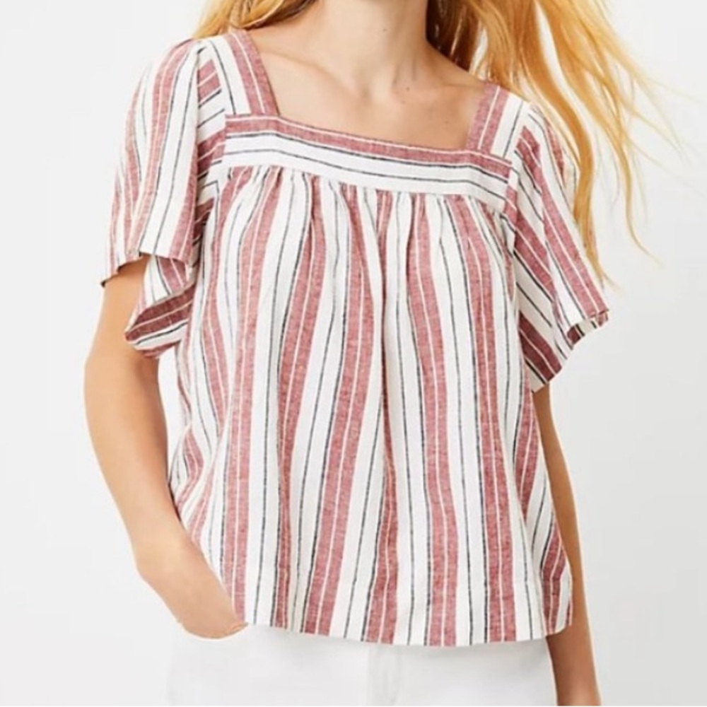 LOFT Linen Striped Square Neck Top